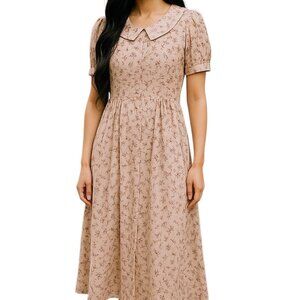 Erika Long Midi Dress Pink Floral Pleated Sailor Collar Empire Waist L